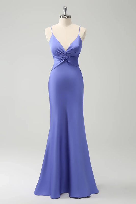 Elegant mermaid front cross pleated and floor bridesmaid dress