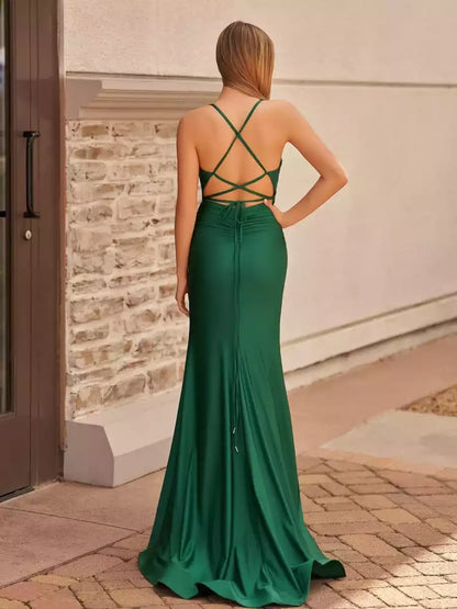 Elegant mermaid knitted thin shoulder straps and V-neck sleeveless slit cross tie back Prom Dresses
