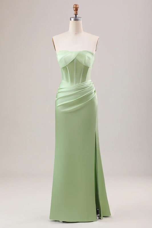 Elegant mermaid off shoulder pleated tight corset long slit bridesmaid dress