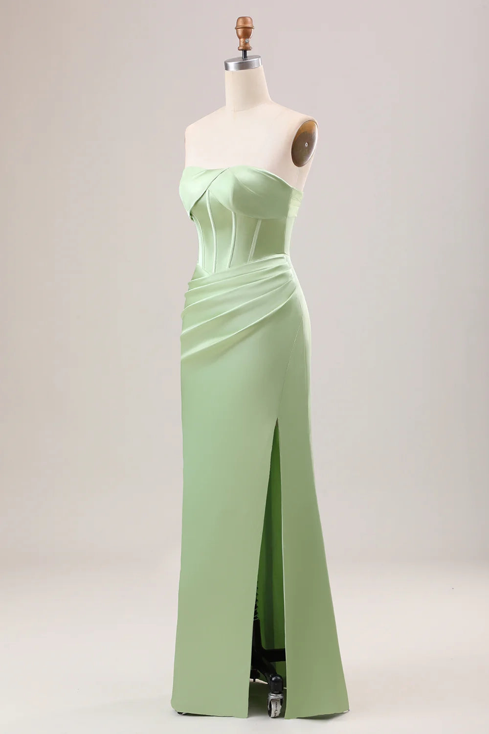 Elegant mermaid off shoulder pleated tight corset long slit bridesmaid dress