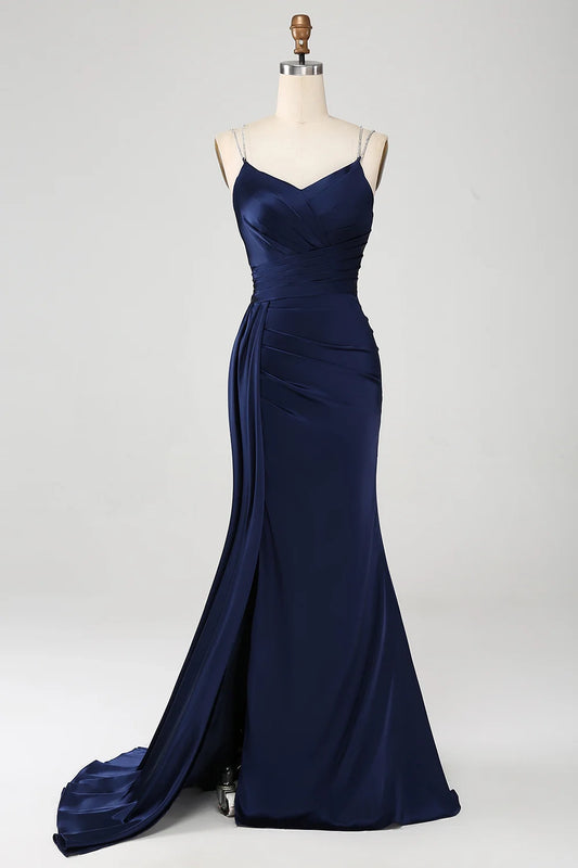 Elegant mermaid slim shoulder strap pleated sequin slit bridesmaid dress