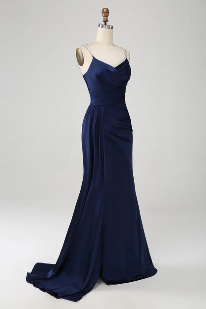 Elegant mermaid slim shoulder strap pleated sequin slit bridesmaid dress