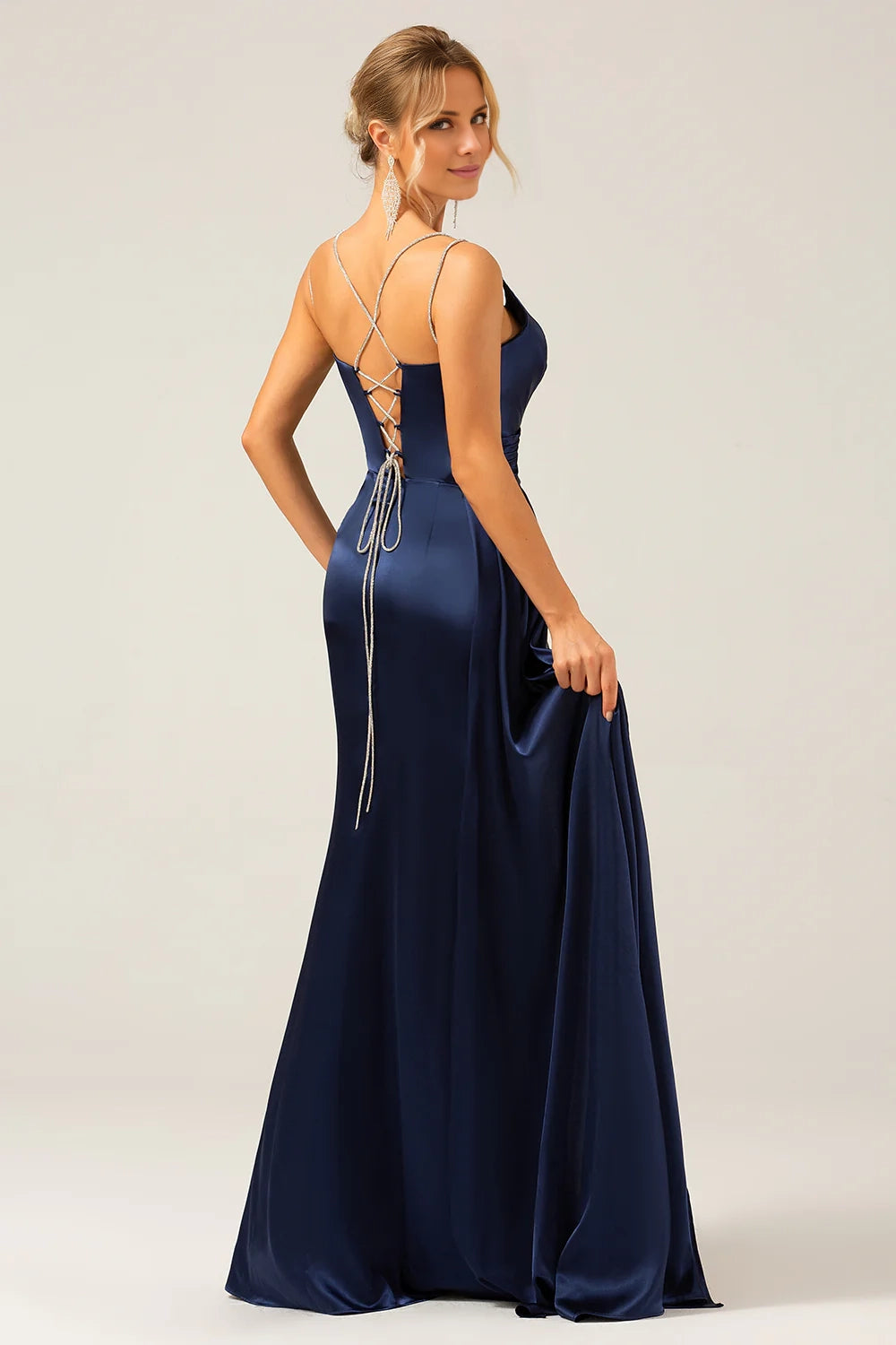 Elegant mermaid slim shoulder strap pleated slim slit bridesmaid dress