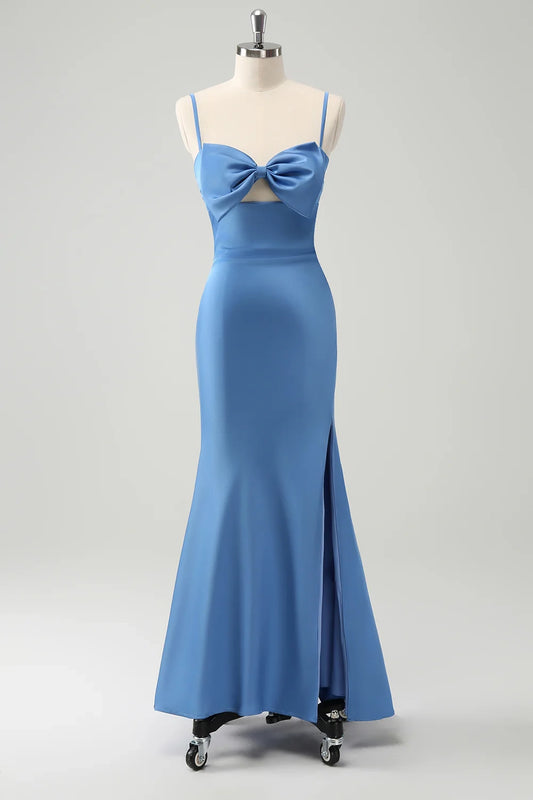 Elegant mermaid slim shoulder strap satin bow slim bridesmaid dress