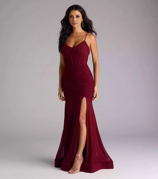Elegant mesh V-neck adjustable thin shoulder strap tight corset with high slit mermaid Prom Dresses