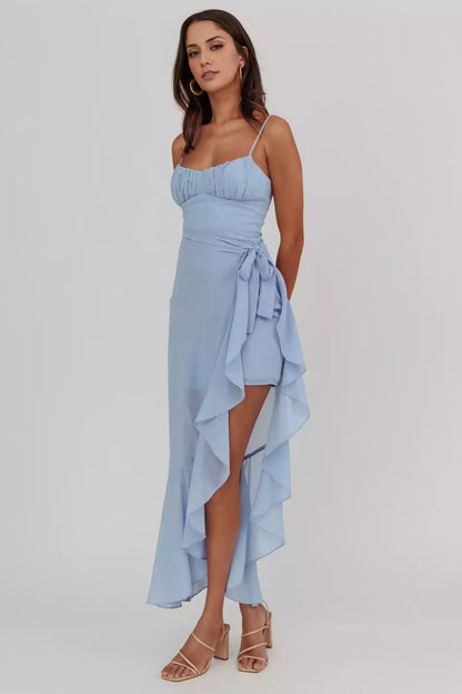 Elegant mid length adjustable thin shoulder strap asymmetric hem pad invisible back zipper Prom Dresses