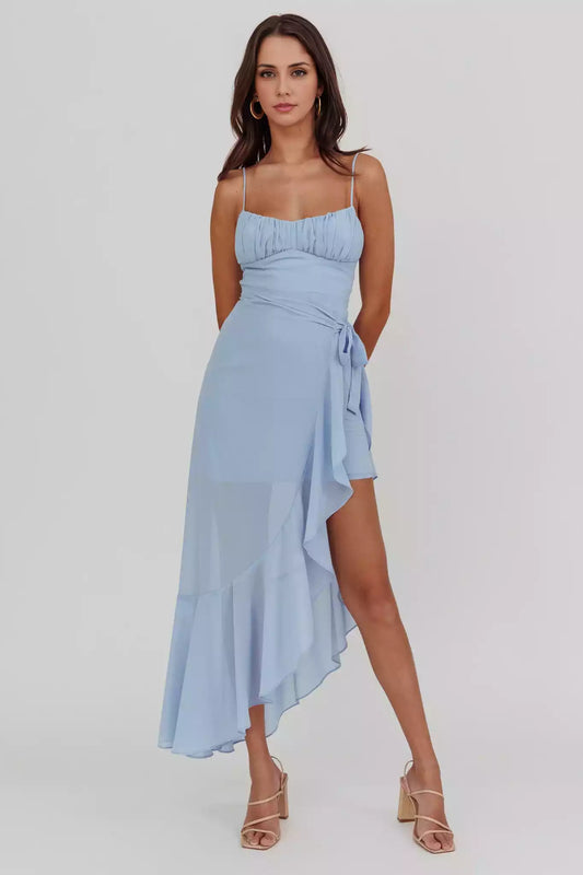 Elegant mid length adjustable thin shoulder strap asymmetric hem pad invisible back zipper Prom Dresses