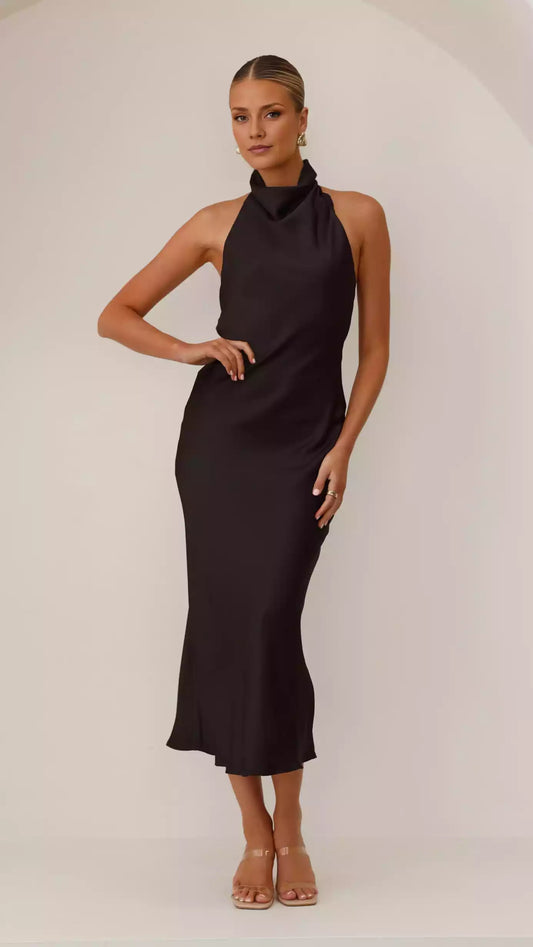 Elegant mid length hanging neck button closure high neckline rear wrapped Prom Dresses