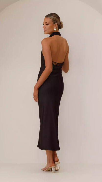 Elegant mid length hanging neck button closure high neckline rear wrapped Prom Dresses