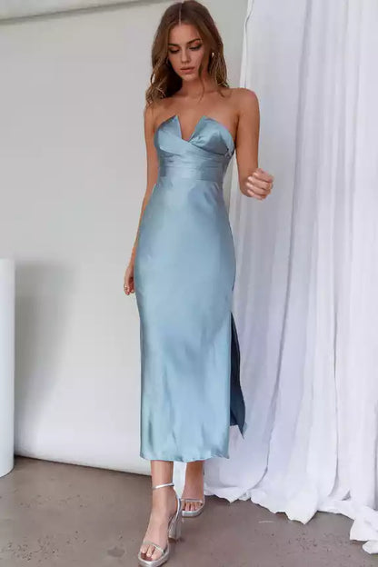 Elegant mid length lined corset with slit and zipper at the back Bridesmaid Dresses