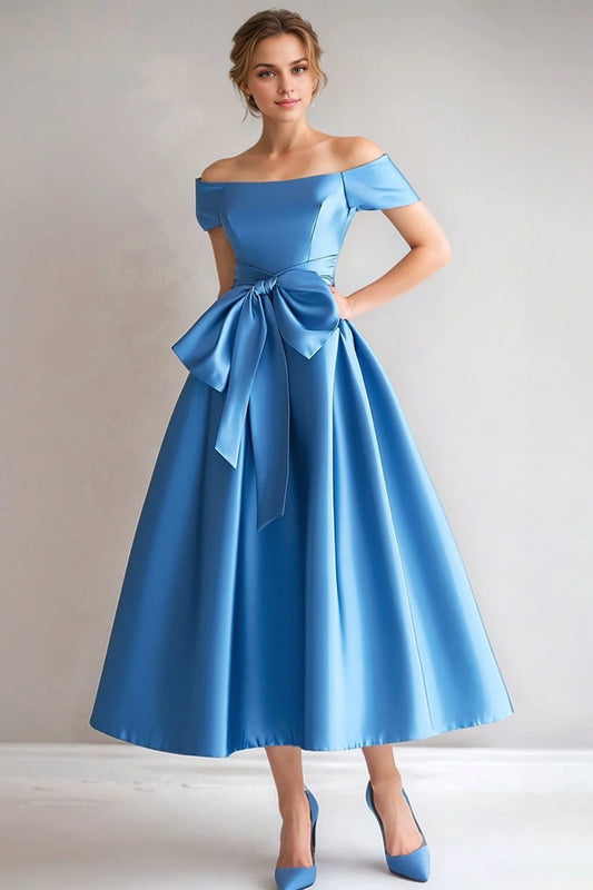 Elegant off shoulder A-line satin mid length bow bridal mother gown