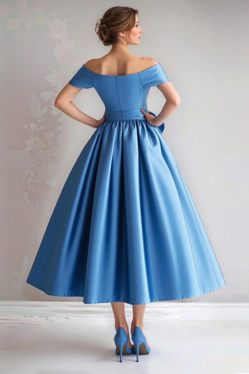 Elegant off shoulder A-line satin mid length bow bridal mother gown