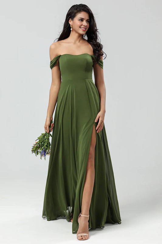 Elegant off shoulder and floor chiffon slit bridesmaid dress
