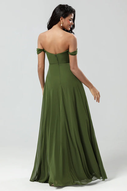 Elegant off shoulder and floor chiffon slit bridesmaid dress