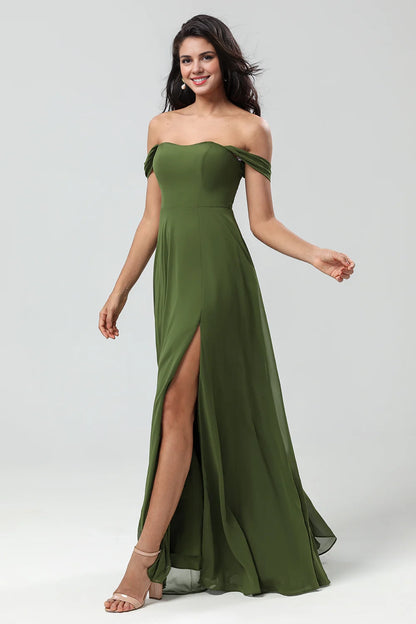 Elegant off shoulder and floor chiffon slit bridesmaid dress