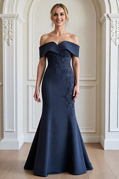 Elegant off shoulder applique mermaid strapless slim fit bridal mother dress