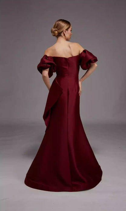 Elegant off shoulder formal straight neck slim fit cut with natural pleats at the waist and floor hem Prom Dresses