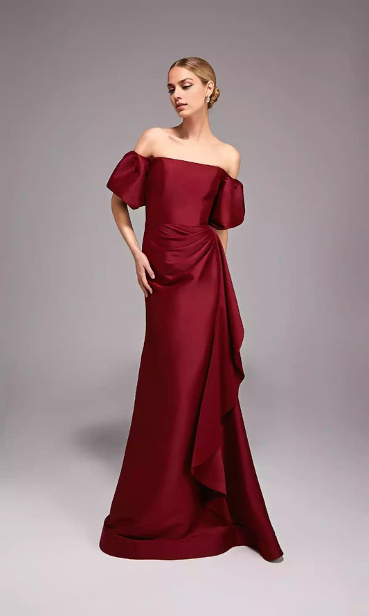 Elegant off shoulder formal straight neck slim fit cut with natural pleats at the waist and floor hem Prom Dresses