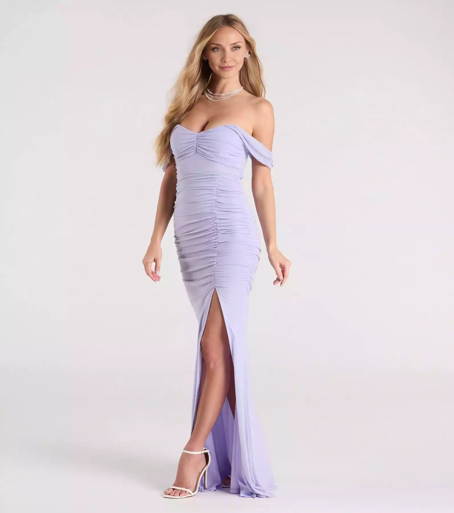 Elegant off shoulder heart-shaped neckline with high slit, pleated mermaid and floor Prom Dresses