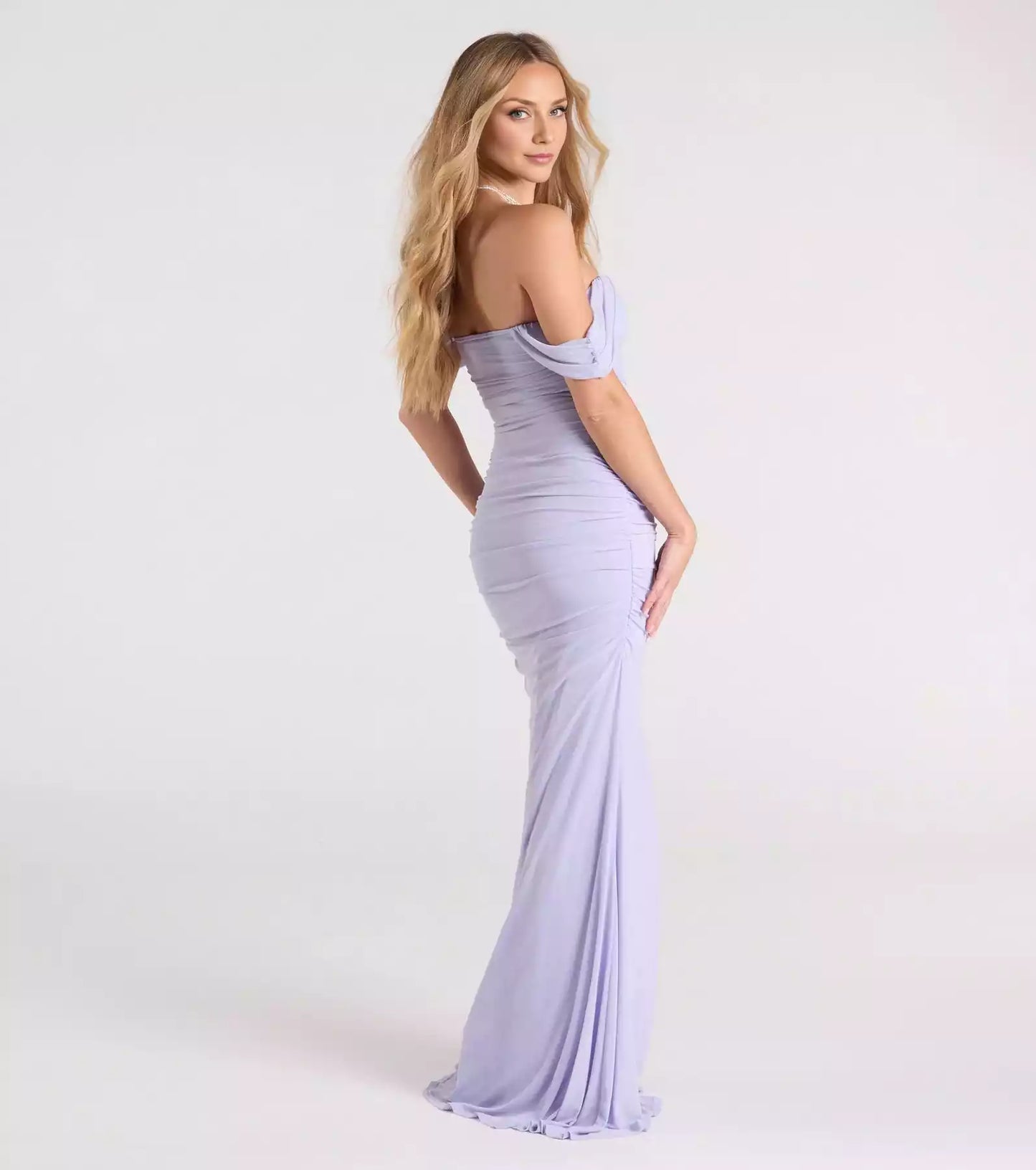 Elegant off shoulder heart-shaped neckline with high slit, pleated mermaid and floor Prom Dresses