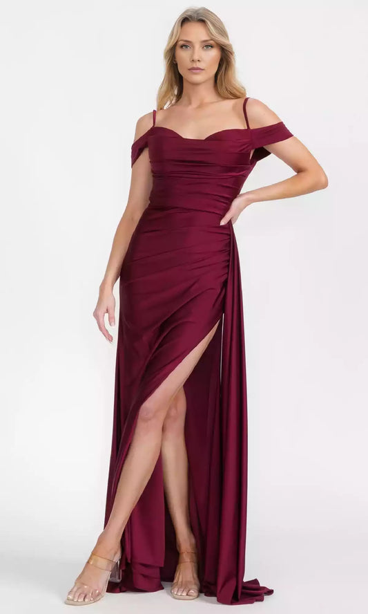 Elegant off shoulder long hanging neckline with slim shoulder straps, A-line skirt, and a side slit that runs to the ground. Prom Dresses