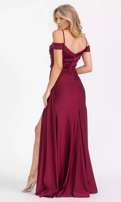 Elegant off shoulder long hanging neckline with slim shoulder straps, A-line skirt, and a side slit that runs to the ground. Prom Dresses