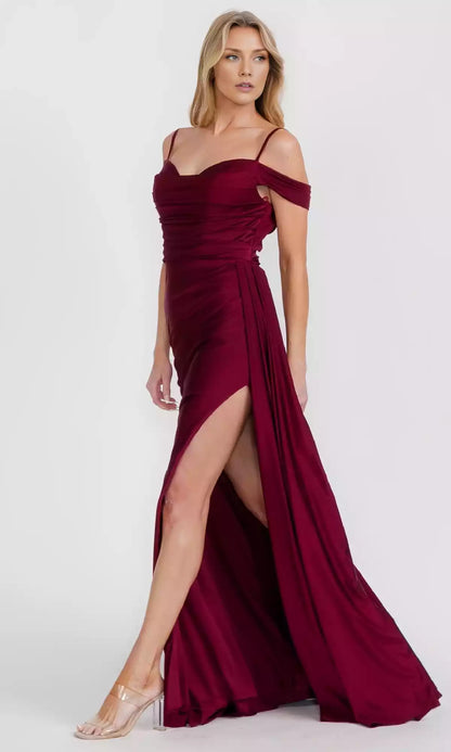 Elegant off shoulder long hanging neckline with slim shoulder straps, A-line skirt, and a side slit that runs to the ground. Prom Dresses