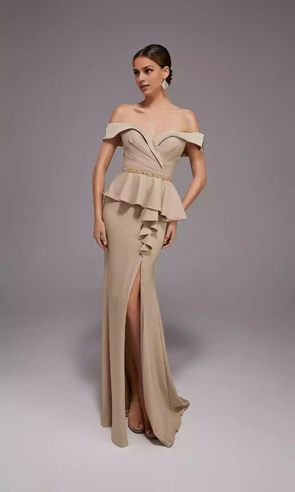 Elegant off shoulder long sweetheart neckline pleated slim fit corset with shiny beaded waistband embellished with ruffled edges and front slit Prom Dresses