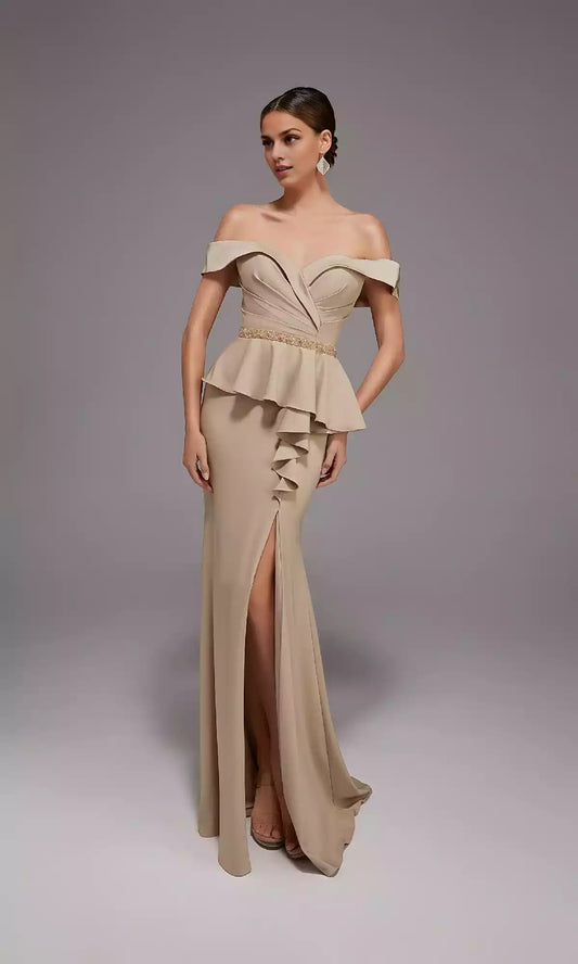 Elegant off shoulder long sweetheart neckline pleated slim fit corset with shiny beaded waistband embellished with ruffled edges and front slit Prom Dresses