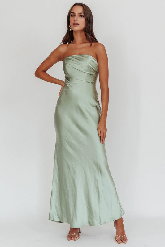 Elegant off shoulder strapless ultra long satin invisible back zipper bridesmaid dress