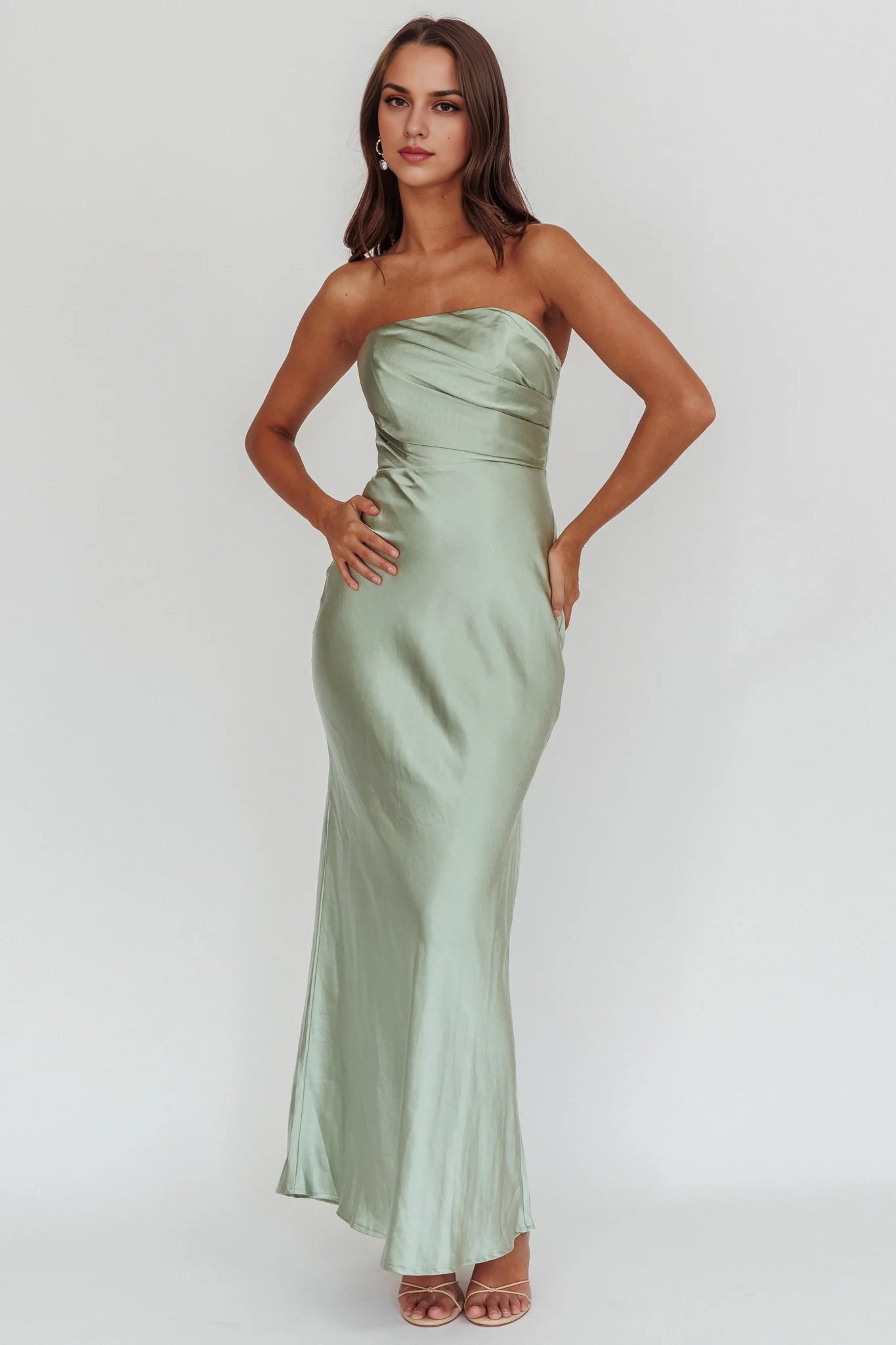 Elegant off shoulder strapless ultra long satin invisible back zipper bridesmaid dress