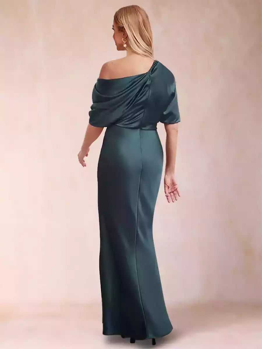 Elegant one shoulder half sleeve and ruffled hem slim fit/straight cut Mother of the Bride Dresses