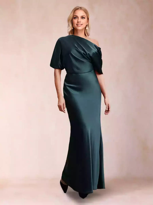 Elegant one shoulder half sleeve and ruffled hem slim fit/straight cut Mother of the Bride Dresses