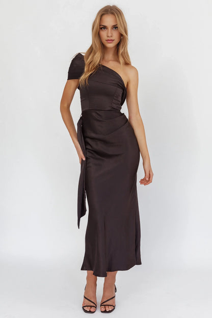 Elegant one shoulder pleated detail hanging waistband with side zipper bridesmaid dress