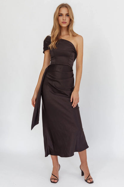 Elegant one shoulder pleated detail hanging waistband with side zipper bridesmaid dress