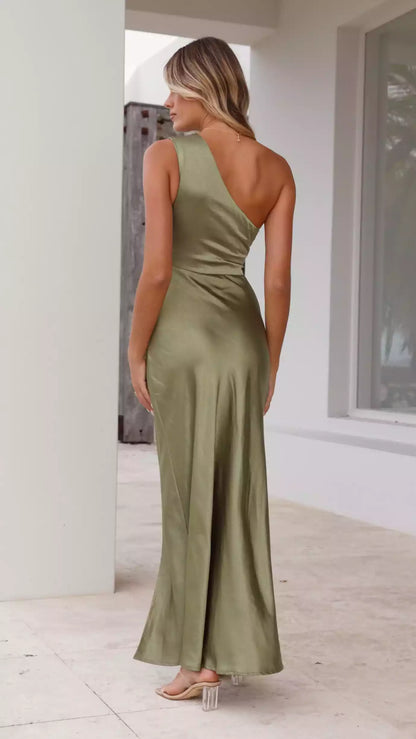 Elegant one shoulder waist cut with high side slits and hidden side zippers Prom Dresses