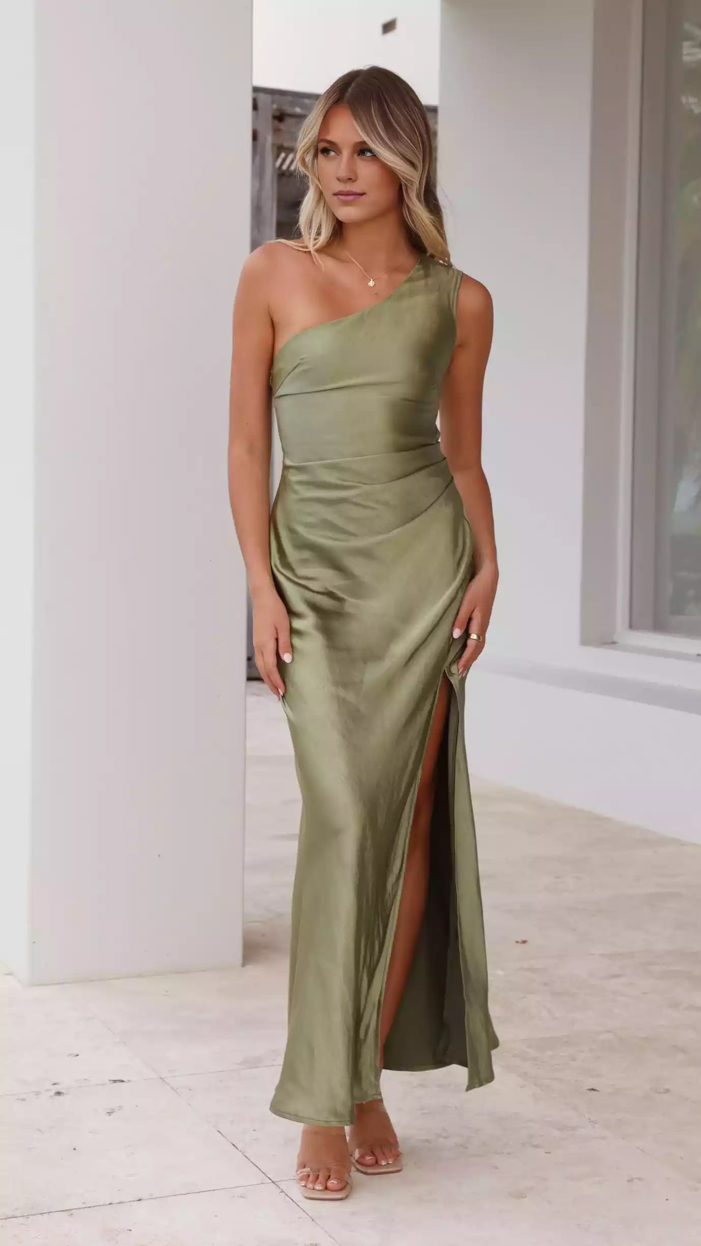 Elegant one shoulder waist cut with high side slits and hidden side zippers Prom Dresses