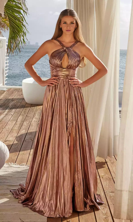 Elegant pleated hollow wide waistband surrounds the waist, skirt hem with side slit A, showcasing elegant temperament Prom Dresses