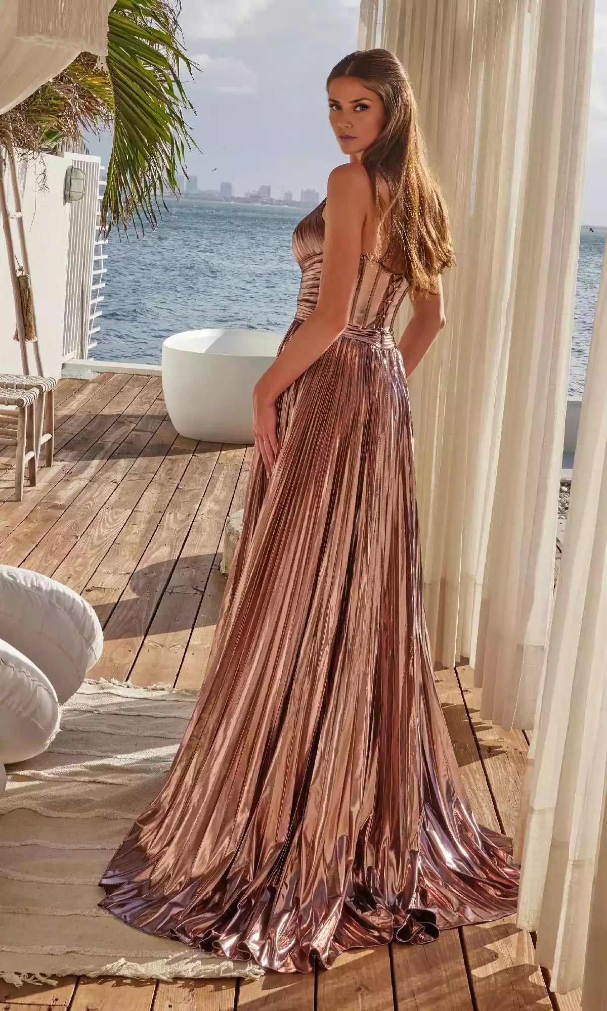 Elegant pleated hollow wide waistband surrounds the waist, skirt hem with side slit A, showcasing elegant temperament Prom Dresses