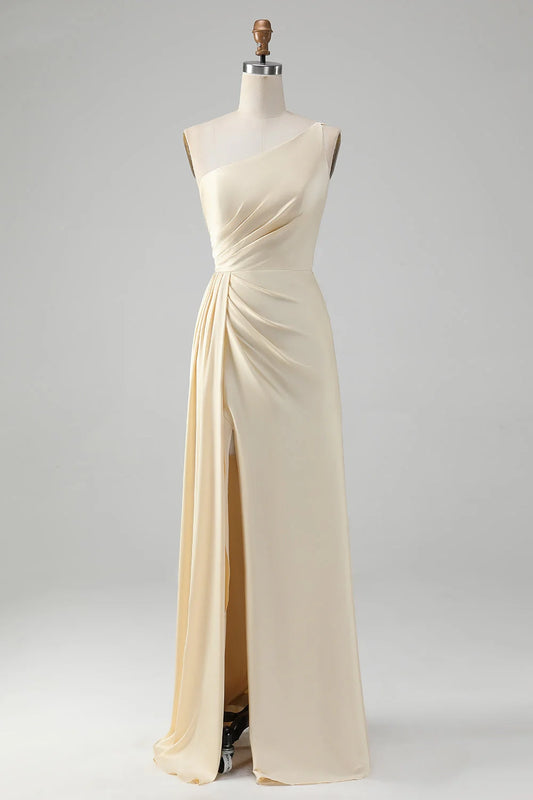Elegant pleated slim fit one shoulder slit long bridesmaid dress