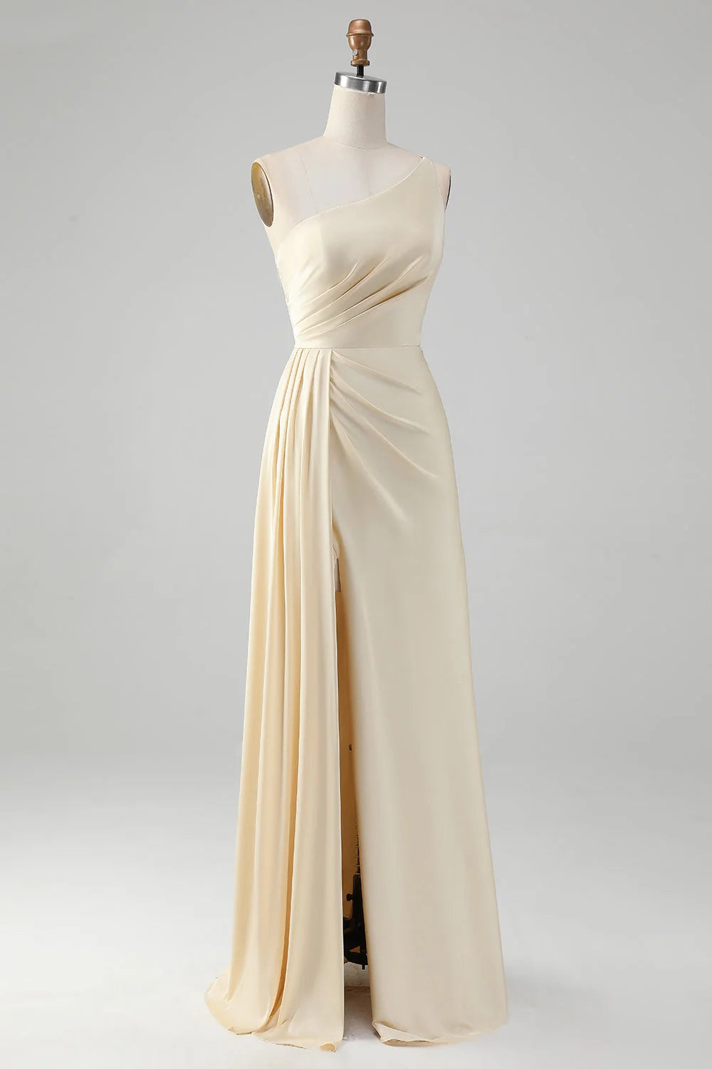 Elegant pleated slim fit one shoulder slit long bridesmaid dress