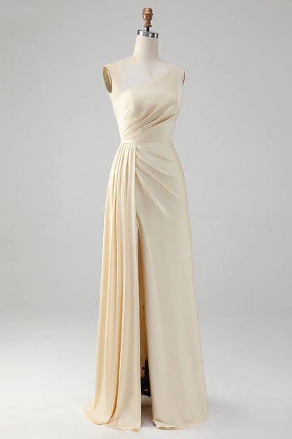 Elegant pleated slim fit one shoulder slit long bridesmaid dress