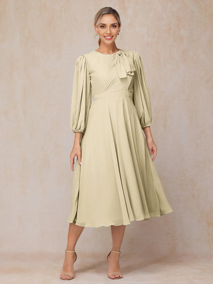 Elegant round neck long sleeved A-line knee length chiffon bridal mother gown