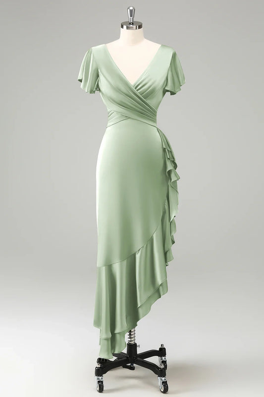 Elegant ruffled A-line V-neck short sleeved asymmetrical pleated bridesmaid dress