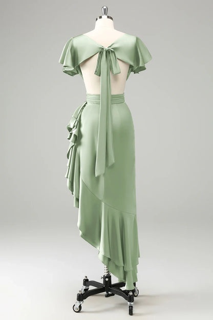 Elegant ruffled A-line V-neck short sleeved asymmetrical pleated bridesmaid dress