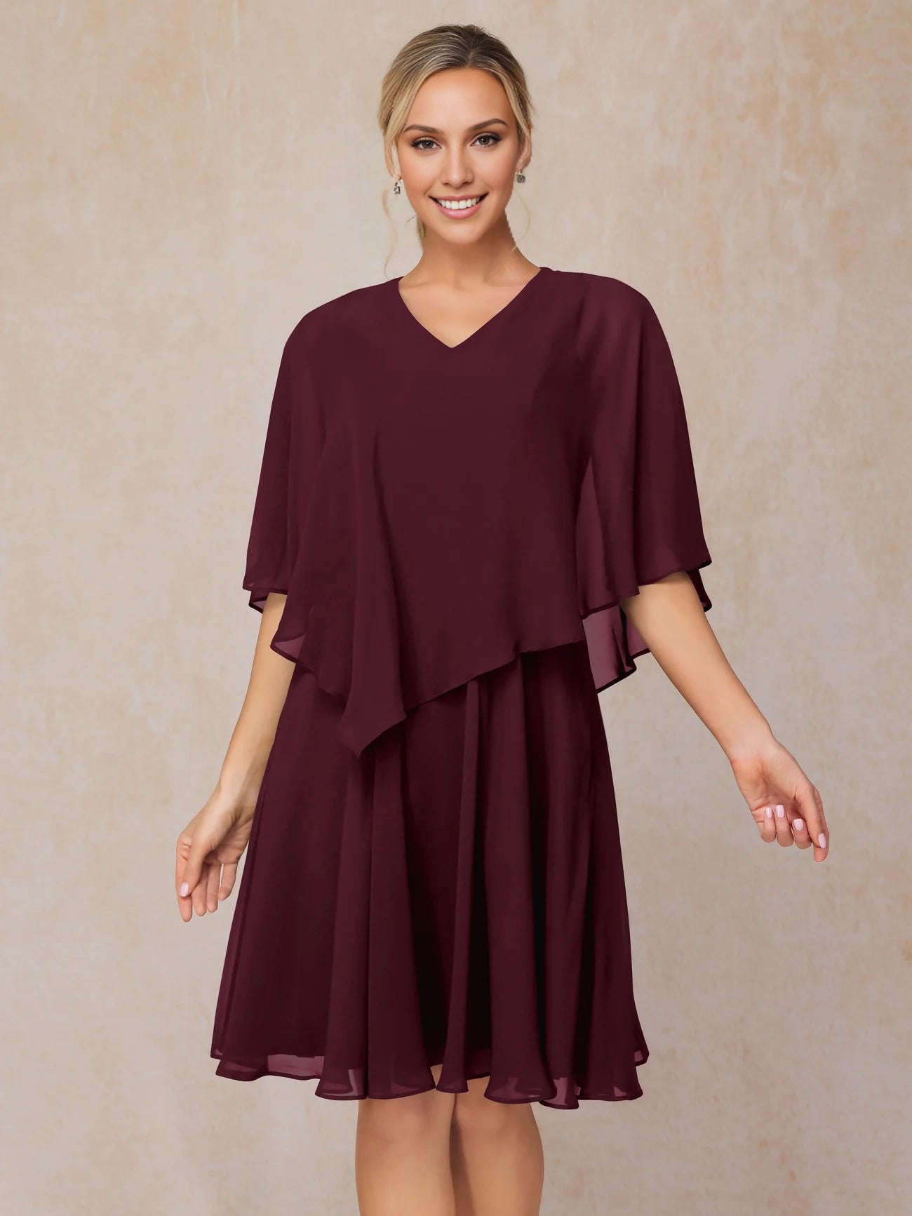 Elegant ruffled V-neck short sleeved knee length chiffon bridal mother gown