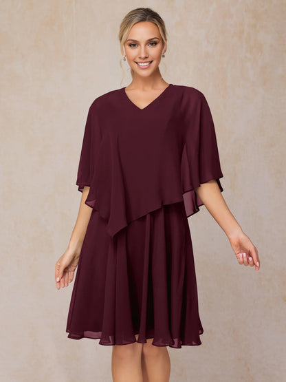 Elegant ruffled V-neck short sleeved knee length chiffon bridal mother gown