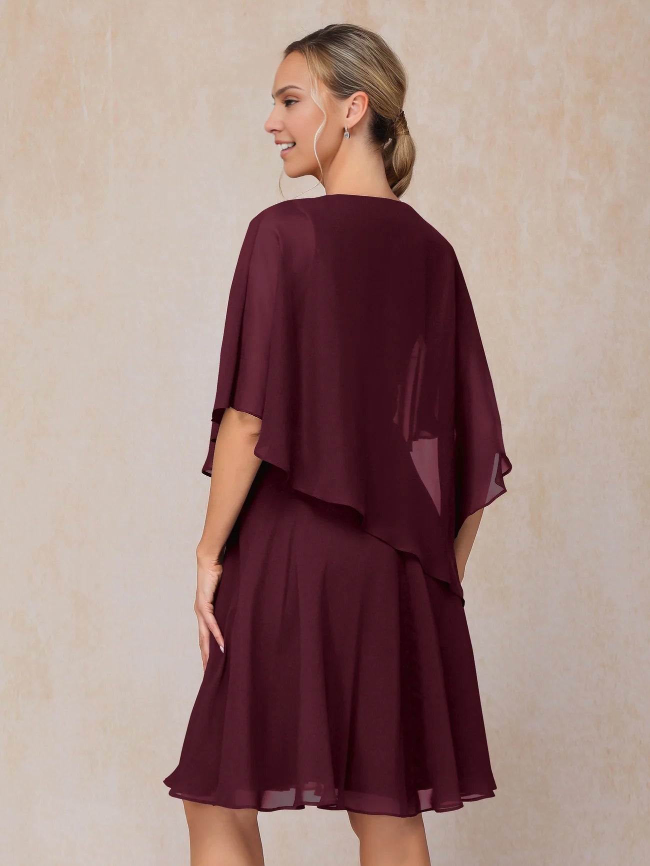 Elegant ruffled V-neck short sleeved knee length chiffon bridal mother gown