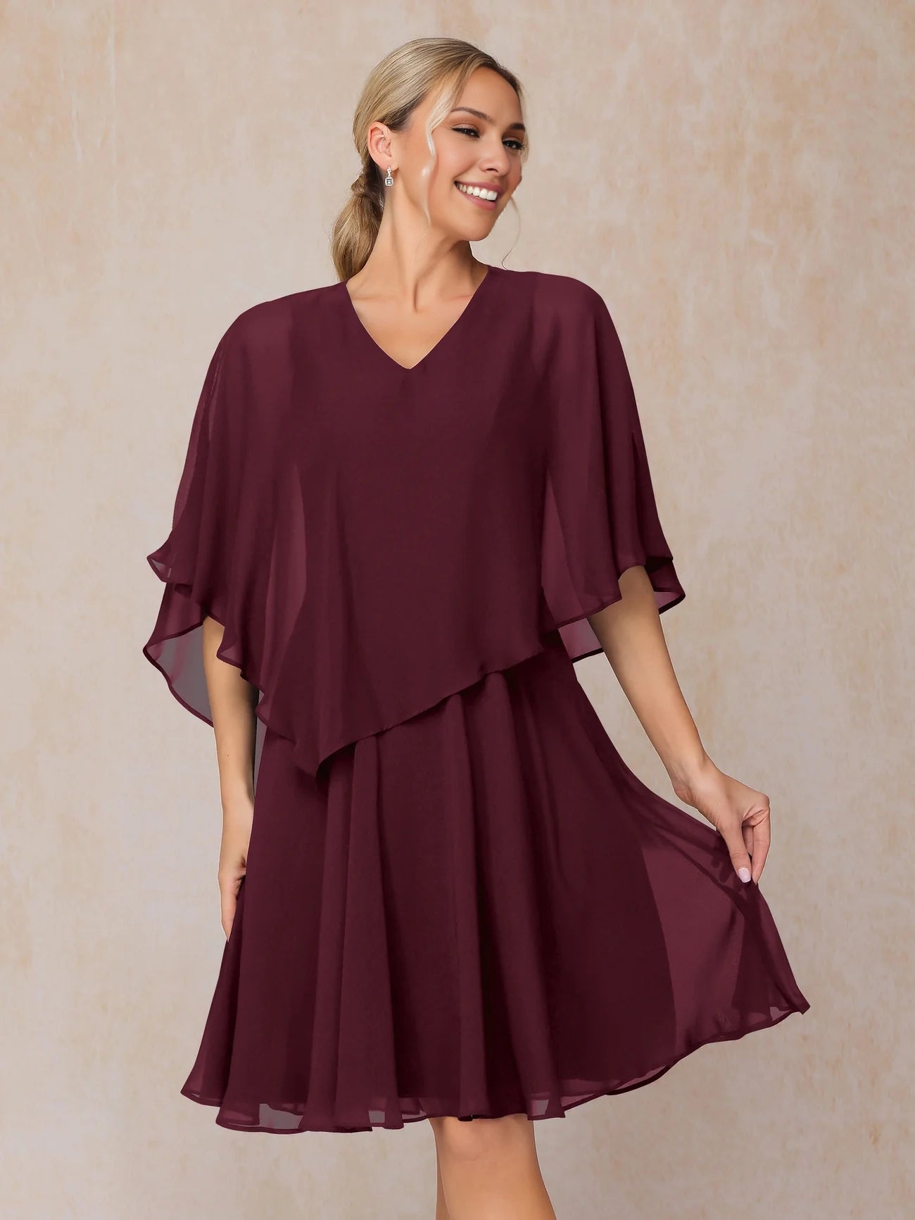 Elegant ruffled V-neck short sleeved knee length chiffon bridal mother gown