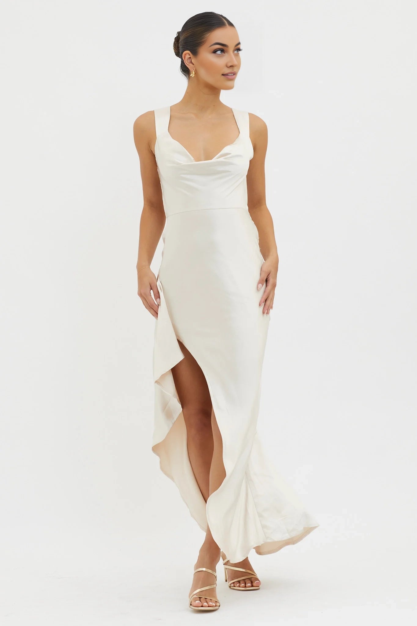 Elegant ruffled back tie, high side split, side zipper bridesmaid dress